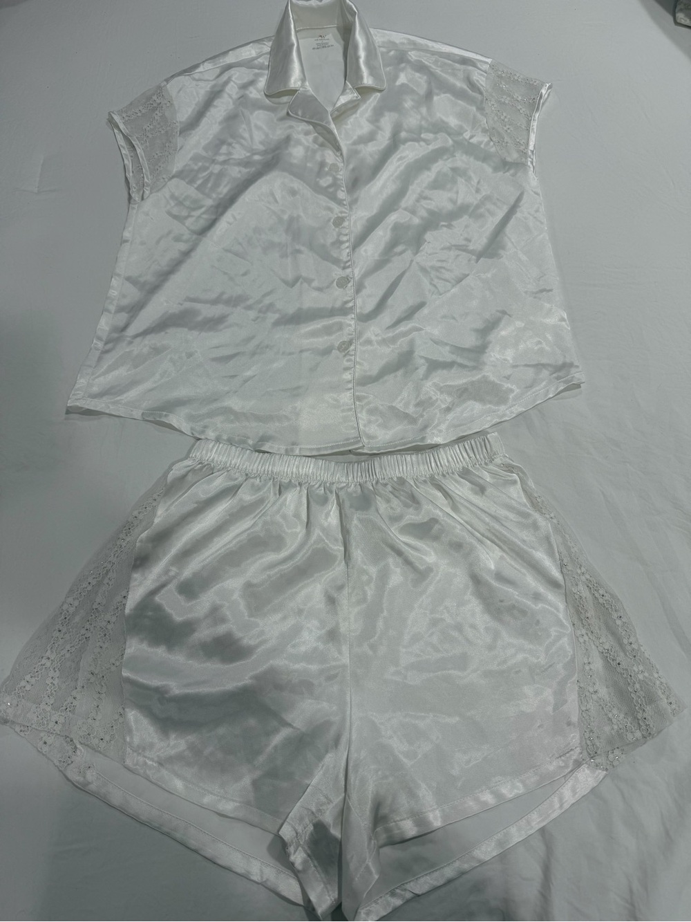 Satin Lace-Trim White Short Pajama Set - Women Intimates